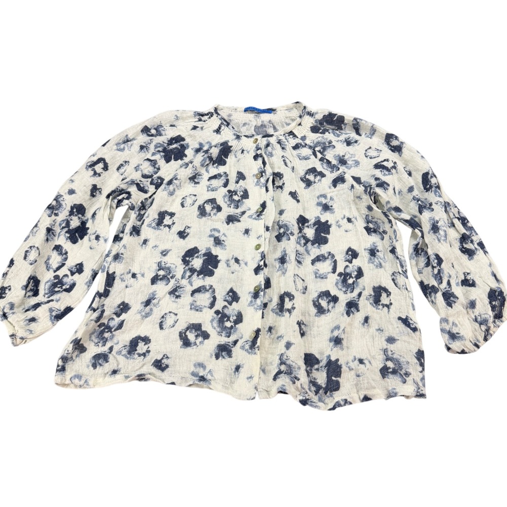 J. McLaughlin Linen Floral Blouse Blue White Smocked Button Front‎ Top Mens M
